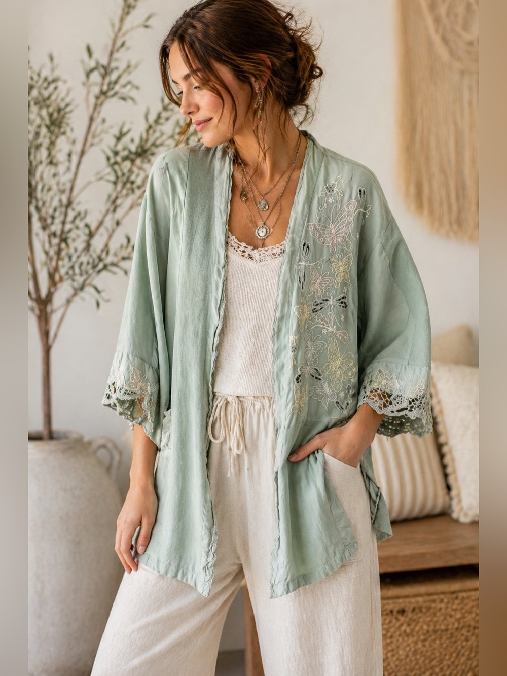 Bali Emerald Sage Green Butterfly Embroidered Kimono Cardigan L XL Lagenlook K